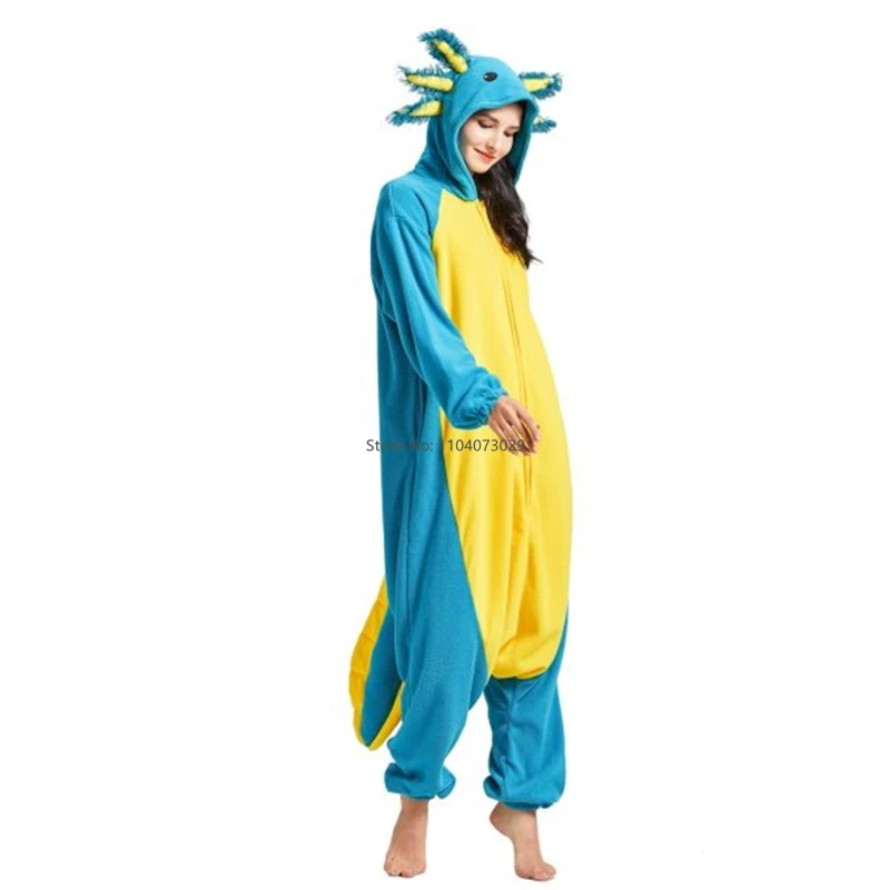 Onesieshow zwierzęca piżama Kigurumi Halloween Onesie dorosłe dzieci Cartoon niebieska piżama aksolotl na imprezę Cosplay kobiety mężczyźni Homewear