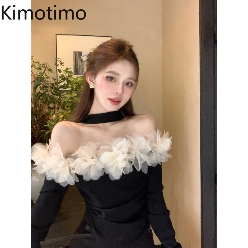 Kimotimo One Shoulder Petal Splicing Long Sleeve T Shirt Women 2024 New Sexy Y2k Slim Fit Temperament Short Tops Korean Fashion