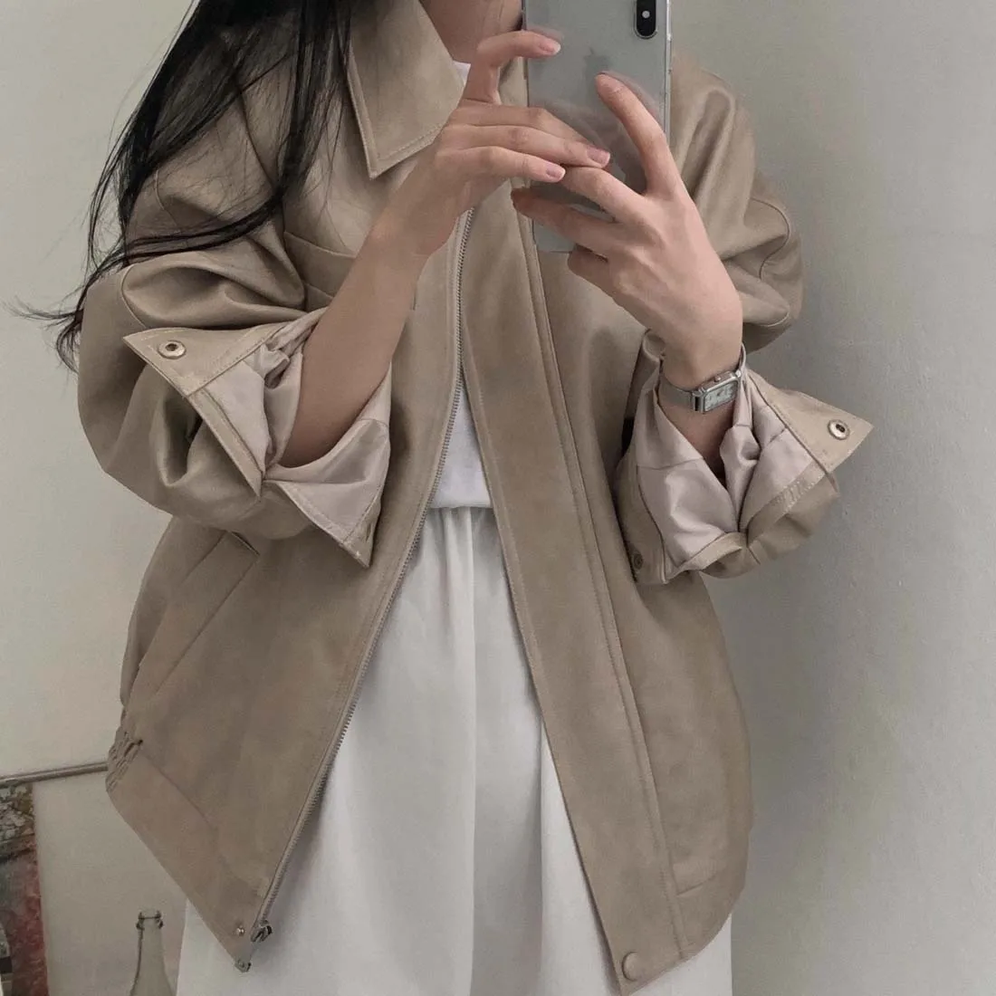 Chic Loose Fit Zipper Collar PU Leather Jacket Versatile Long Sleeve Outerwear for Women Fashionable Street Style Windbreaker
