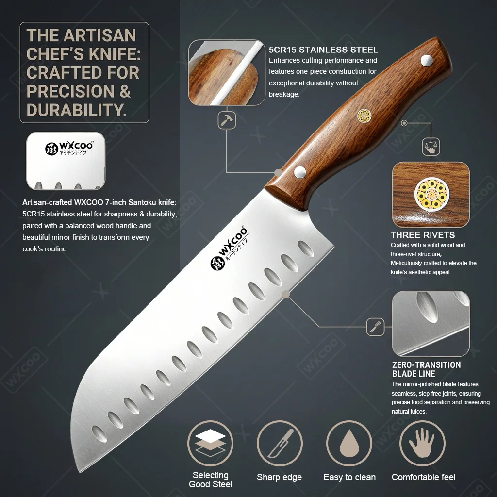 WXCOO KitchenJapanese Santoku Knife Stainless Steel Three Rivets Full Tang Hollow Edge Anti Stick Cutting Tools Wood Handle