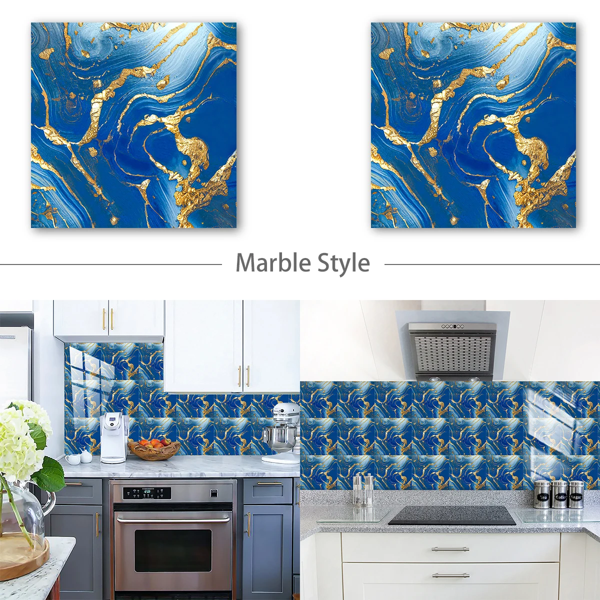 2pcs Thicken Foam Blue & Gold Marble Pattern Tiles Sticker Kitchen Backsplash Oil-proof Peel & Stick Waterproof Art Wall Decals