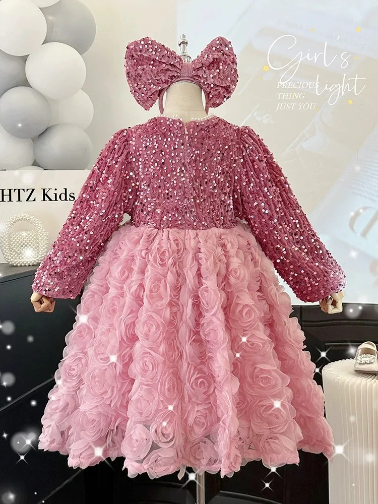 Meisjes Mode Glanzend Pailletten Ontwerp Prinses Baljurk Kinderen Elegante Zoete Strik Lange Mouw Verjaardagsfeestjurk Y1133