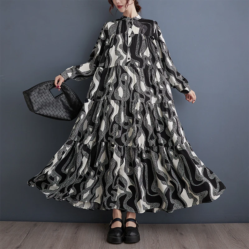 #3713 Spring Vintage Printed Long Shirt Dress Women Loose Korean Fashion Buttons Retro A-line Dress Long Sleeve Split Joint 