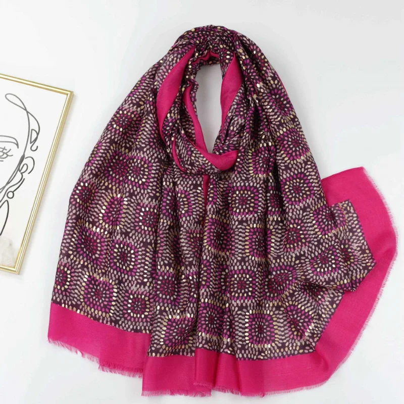 

Золотое тиснение, цветочный мир, атласный узор, длинный шарф с фабричной печатью, теплый шарф для путешествий, отпуска