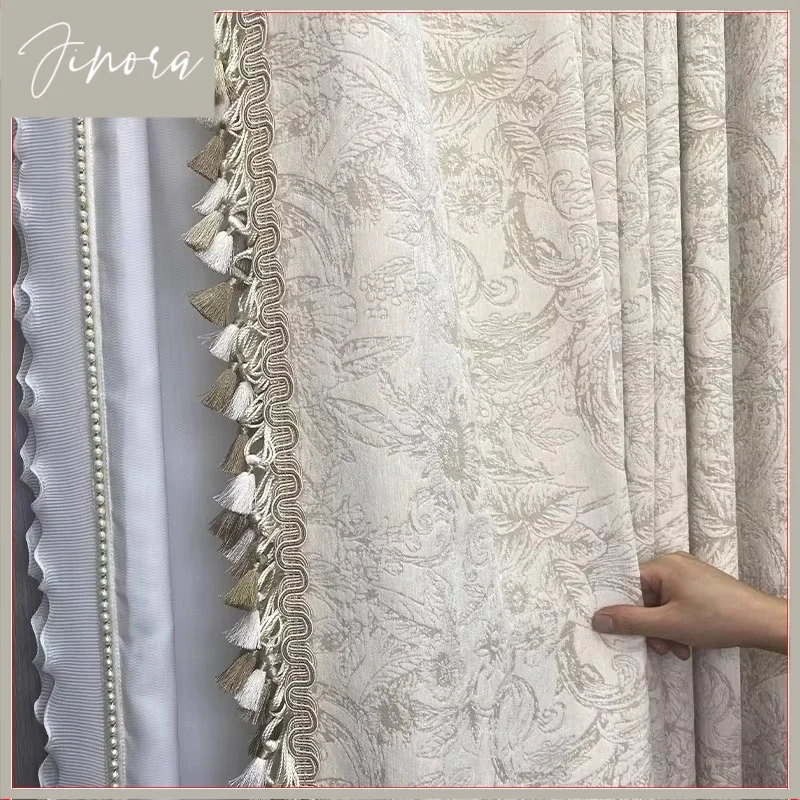 Jacquard Chenille High-end Fabrics Embroidered Curtains For Living Room Bedroom Dining Custom Size Thickened French Cream Color