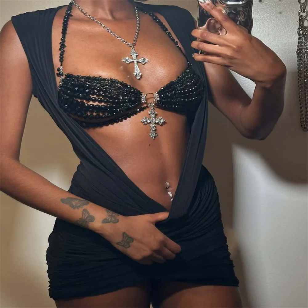 Sexy Gothic Bead Chain Women's Diamond Cross Pendant Bra Punk Fashion Women's Tank Top Suitable for Bars, Parties,Beach Vacation