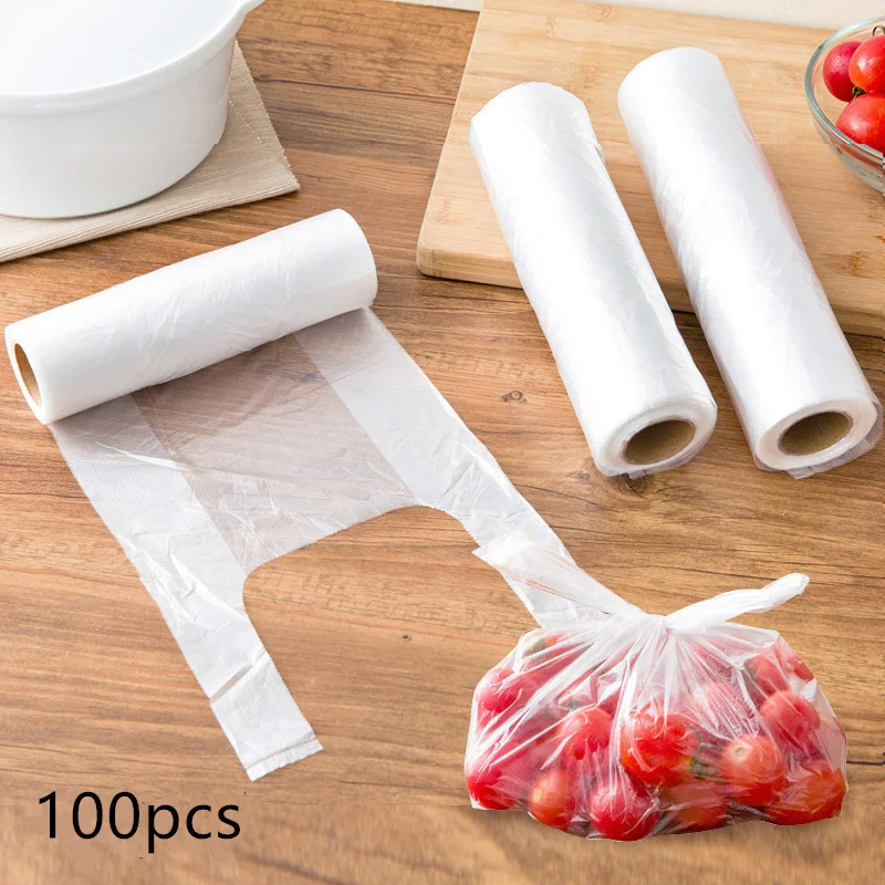 

100PCS Transpare Roll Fresh-keeping Plastic Bags of Vacuum Food Saver Bag 3 Sizes Food Storage Bags with Handle Keep Fresh