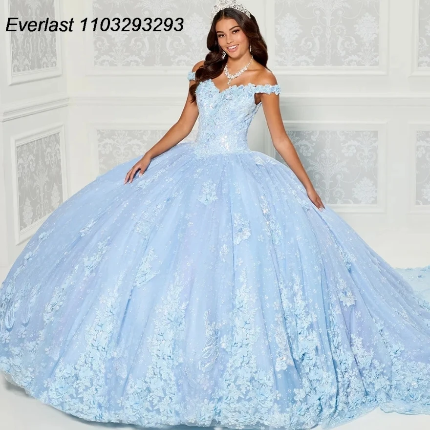 EVLAST gaun Quinceanera biru kustom gaun pesta renda Applique manik-manik kereta api lepas pasang manis 16 Vestido 15 aduduk TQD202