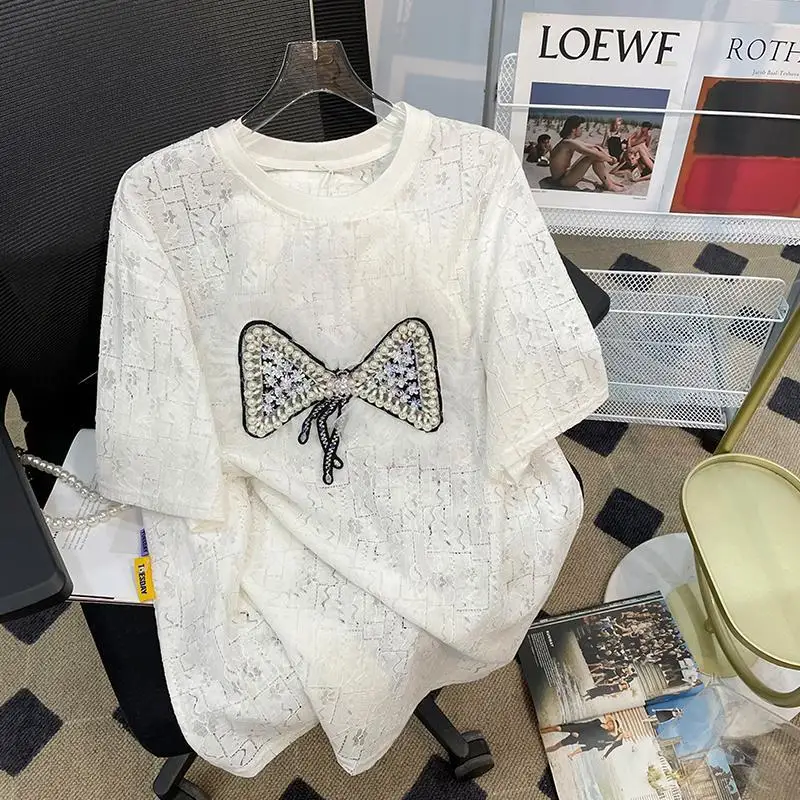 Extra Large Size 300 Catties Spliced mesh Beaded Lace T-shirt Women with Short-sleeved Fat MM Meat Covering Medium-length Top