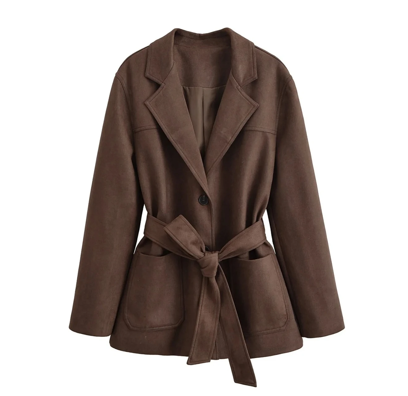 Lose Windjacke aus Wildlederimitat für Damen, einfarbig, mit Gürtel, langärmeliger Trenchcoat