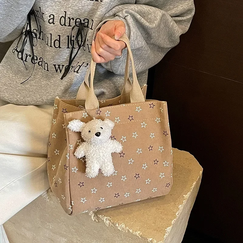 Ins Style Cute Star Canvas Handbag with Plush Teddy Bear Pendant,cute Handbag,casual Portable Bento Bag, Suitable for Daily Work