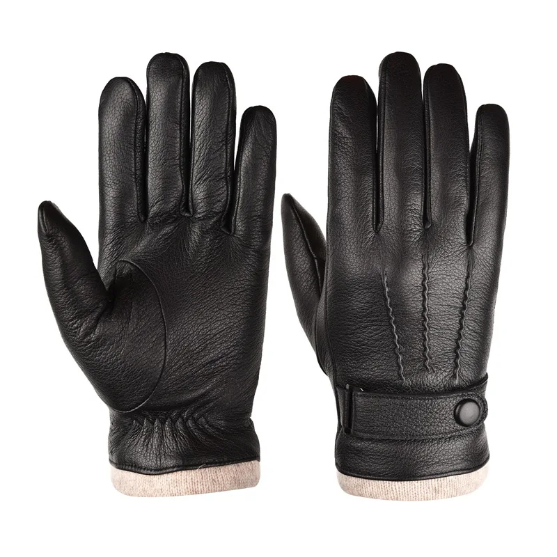 1 Pair of Men's Winter Warm Wool Leather Gloves Touch Screen Driving and Cycling Thickened and Fleece Outdoor Cotton Gloves