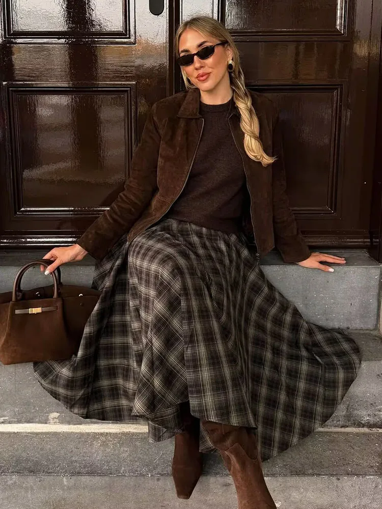 HH Vrouw Mode Losse Rits Rok Vrouwen Chic Plaid Geplooide decoratie Midi Rok Casual Hoge Taille Street Style Rok 2 Kleuren
