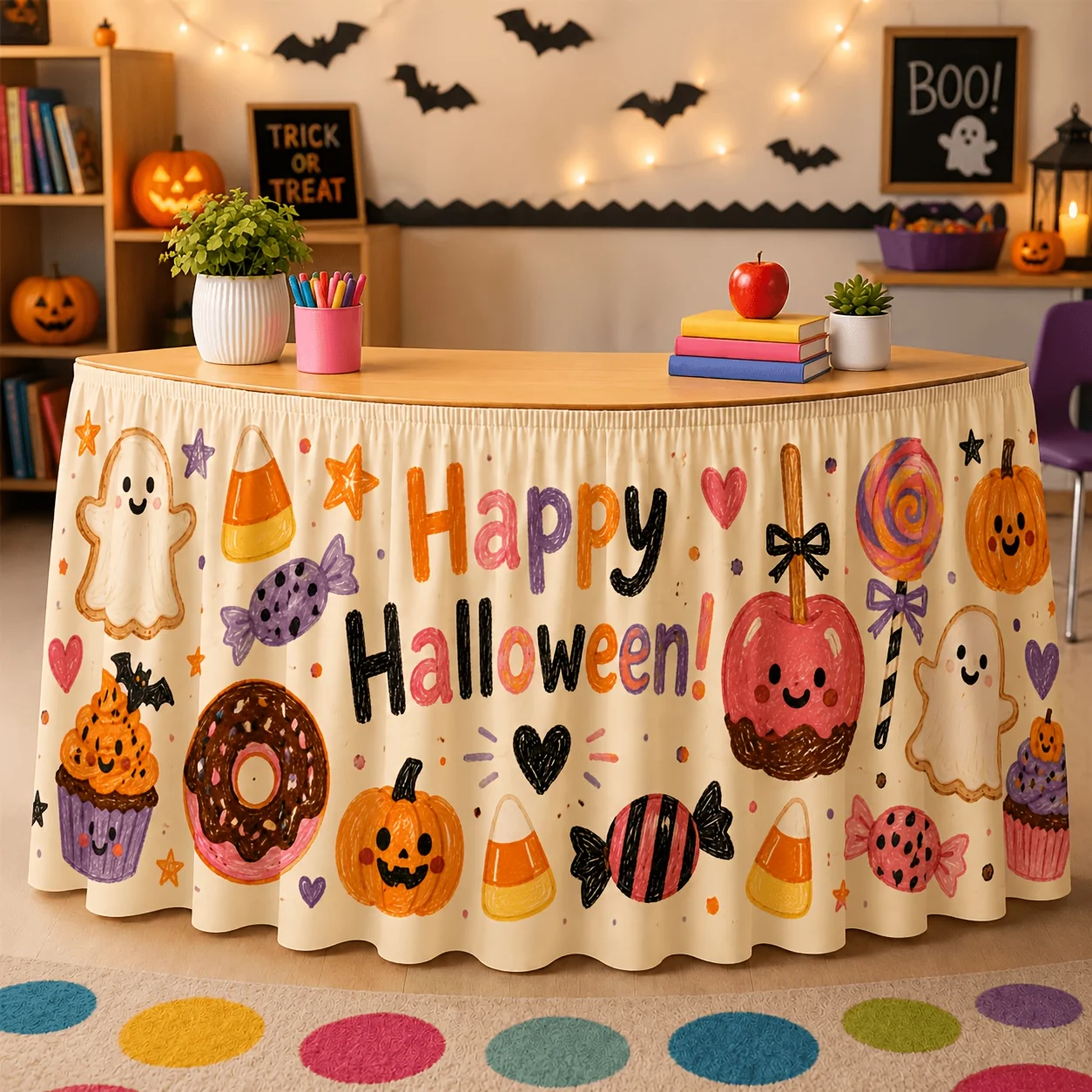 One tablecloth and table skirt, Happy Halloween table skirt, textured pencil ghost cupcake doughnut candy apple