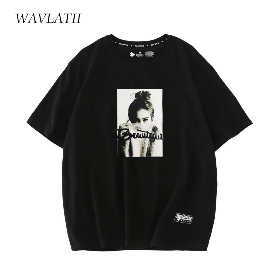 Wavlatii-レディースピンクホワイト半袖Tシャツ,カジュアルでトレンディなサマートップ,100% コットン,グリーン,wt2218