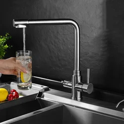 Nickel Drinking Filtered Water Kitchen Faucet 360 Rotation High Faucet Deck Mounted Dual Handle Hot and Cold Kitchen Mixer Taps