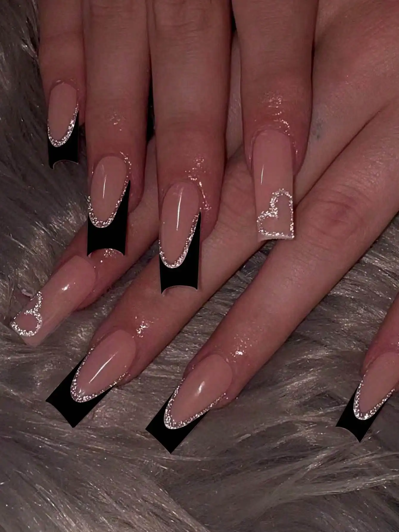 

24Pcs Medium Square French Press On Nails Glitter Heart Acrylic Fake Nails With Gel File Kit For Daily Party