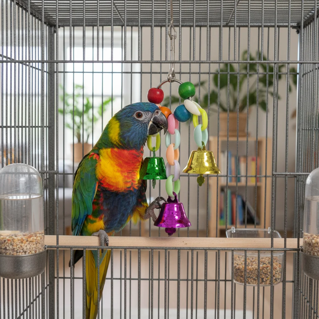 Bird Toy Interactive Parrot Cage Hanging Toy for Pet Birds Colorful Bell String Stress Relief Decoration Durable Safe