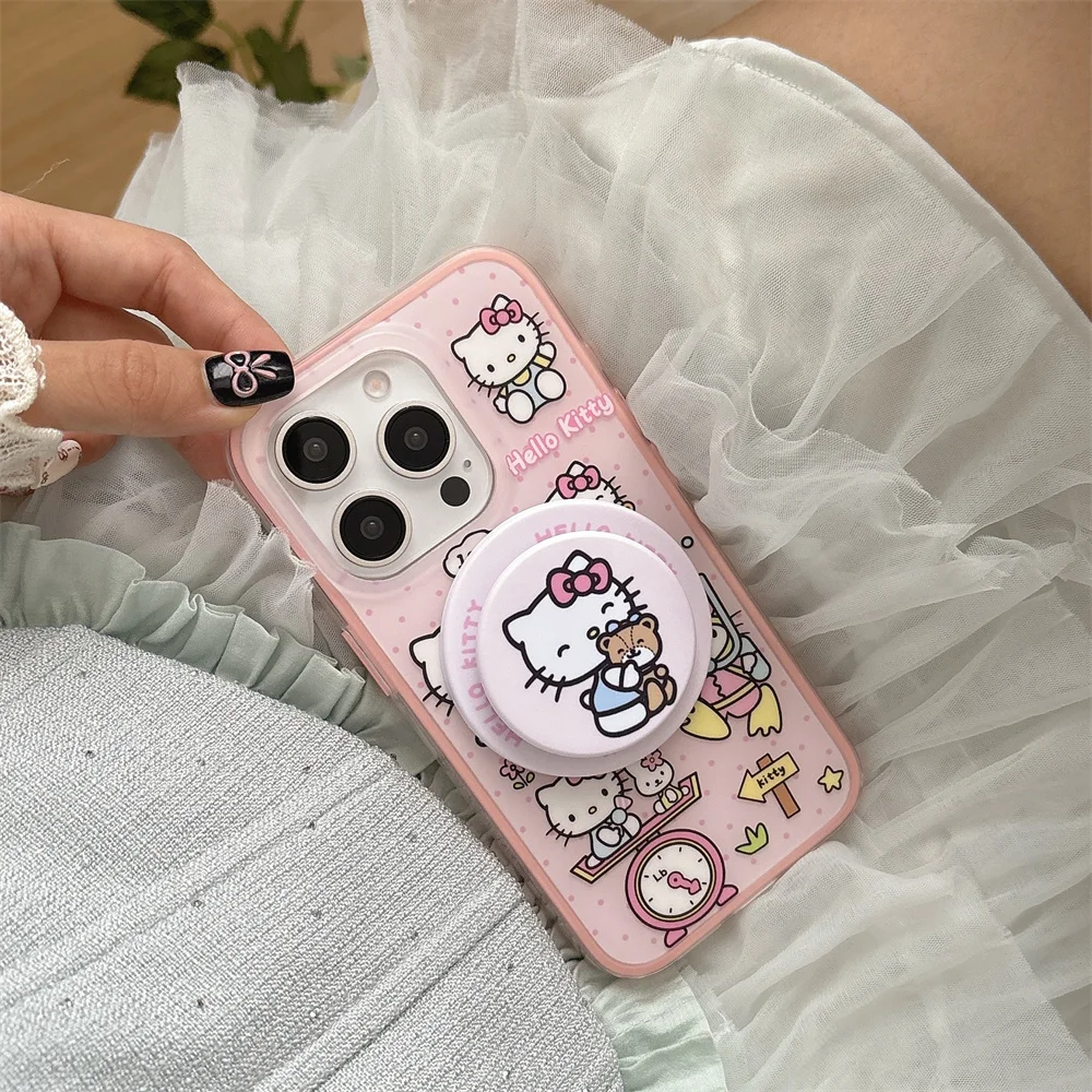 

Cute hello kitty bear magnetic stand phone case For iPhone 13 14 15 15 Pro 16 Pro Max cover with Magsafe Holder silicone cover