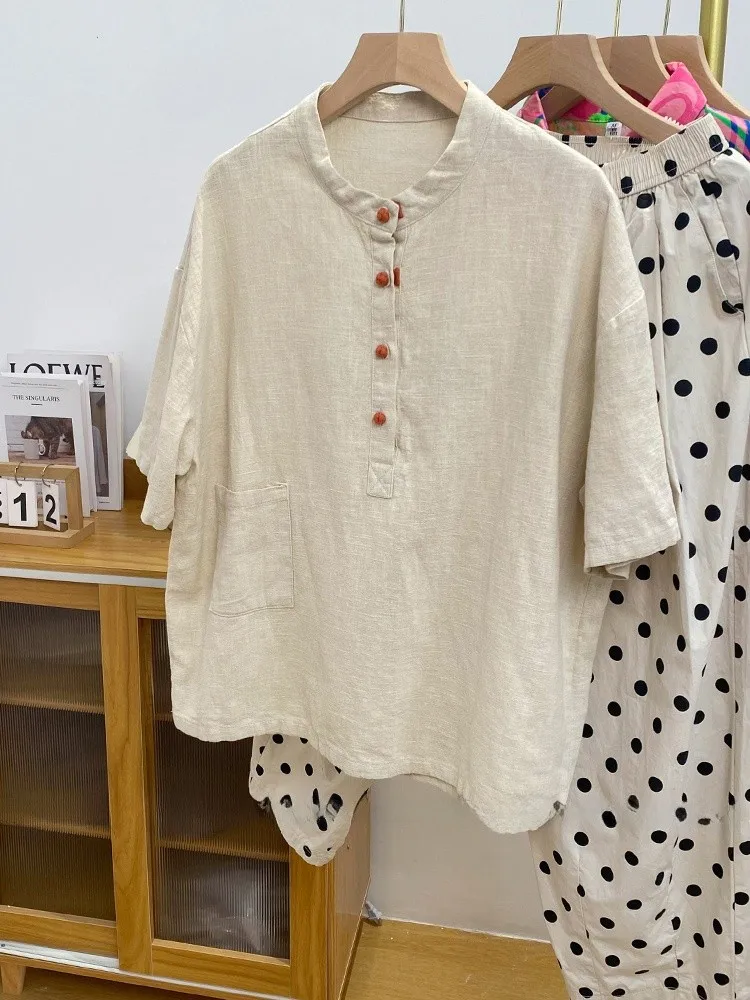 Retro chino Sle algodón Lino ort Sve irt mujer verano Zen Sle botón hasta cuello alto traje de té Top