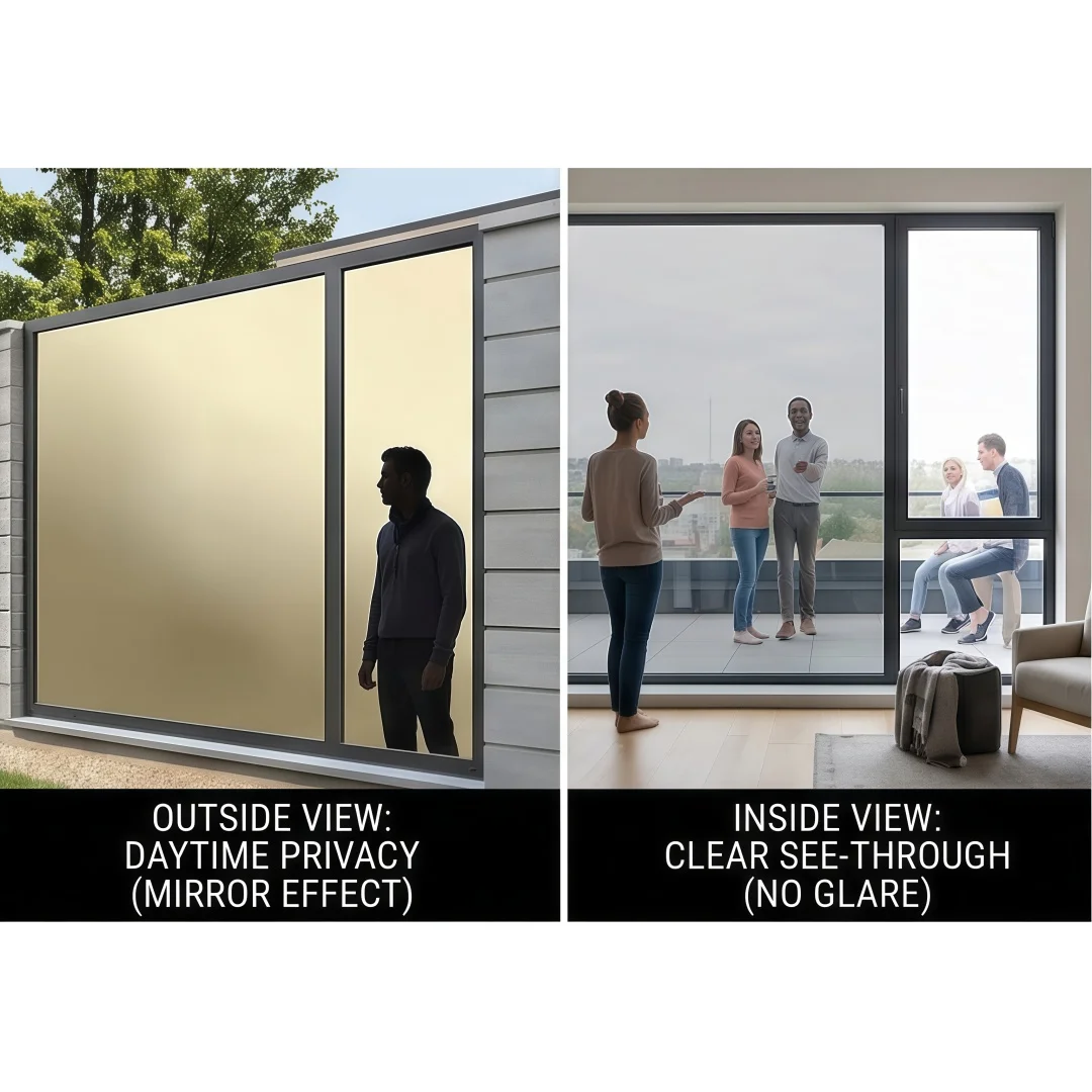 Static No‑Glue Black‑Silver Mirror Window Film Heat Insulation 99% Anti‑UV One‑Way View Privacy Glass Film for Living Room