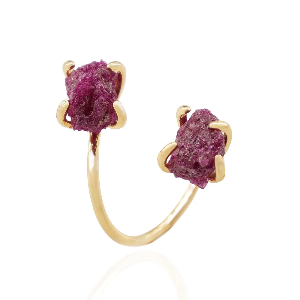 Irregular Red Corundum Raw Stone Ring for Women Girls Claw Setting Gold-color Boho Rough Ruby Finger Jewelry Resizable