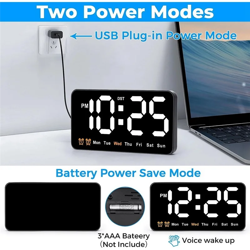 นาฬิกาติดผนังดิจิตอล9นิ้ว LED นาฬิกาดิจิตอลจอแสดงผลขนาดใหญ่ที่มี12/24ชั่วโมงตัวเลขขนาดใหญ่นาฬิกาแขวนผนังขนาดเล็กเงียบ (สีขาว)