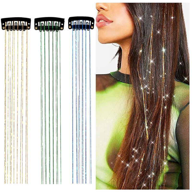 Clip in Hair Tinsel Glitter Fairy Tinsel Hair Extensions 20 Inch Shiny Hair Tinsel Heat Resistant, Sparkly Strands Hair Accessor