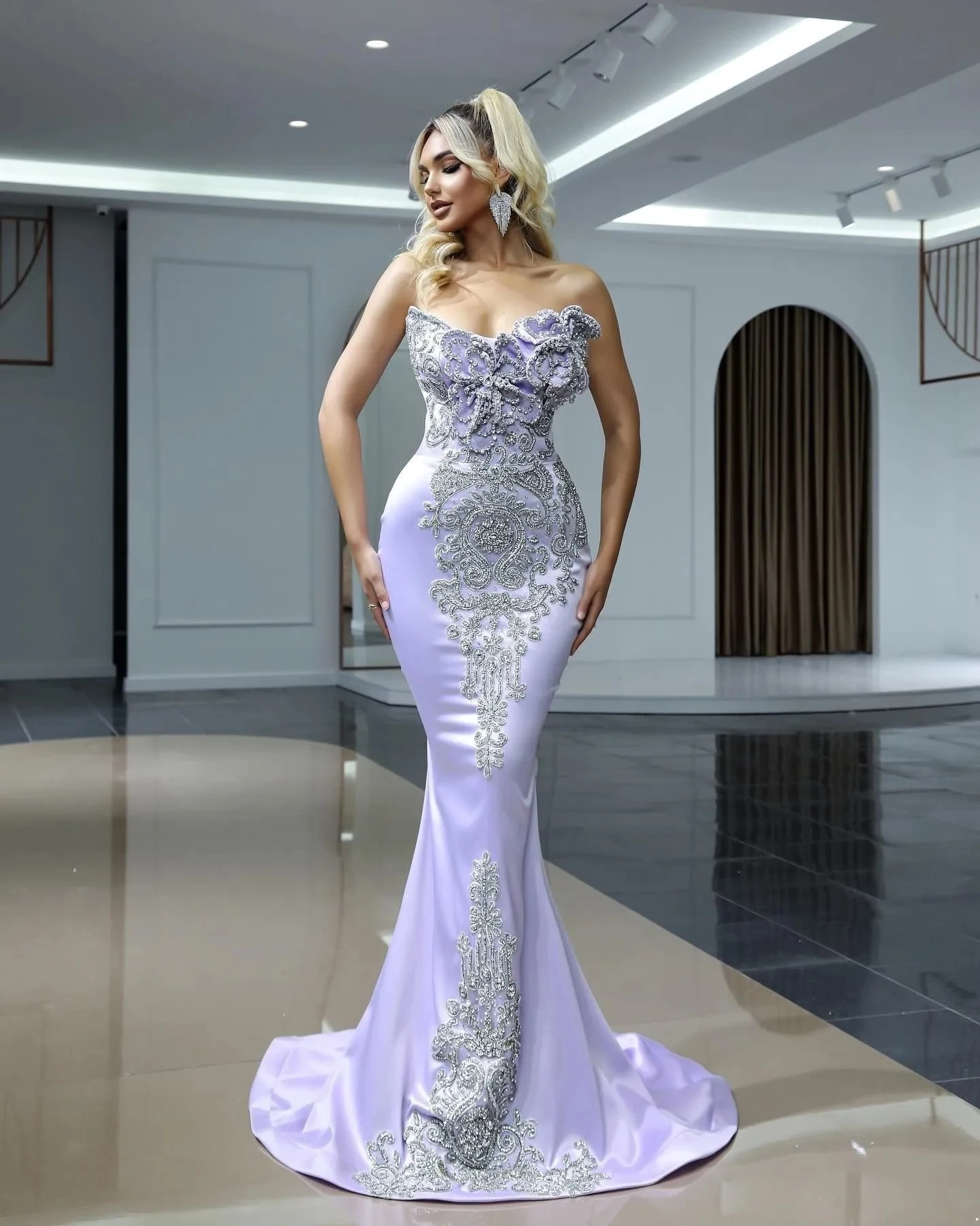 Chic Mermaid Split Evening Dress With Detachable Train Sweetheart Beaded Formal Arabic Prom Dresses Custom Made فساتين سهرة