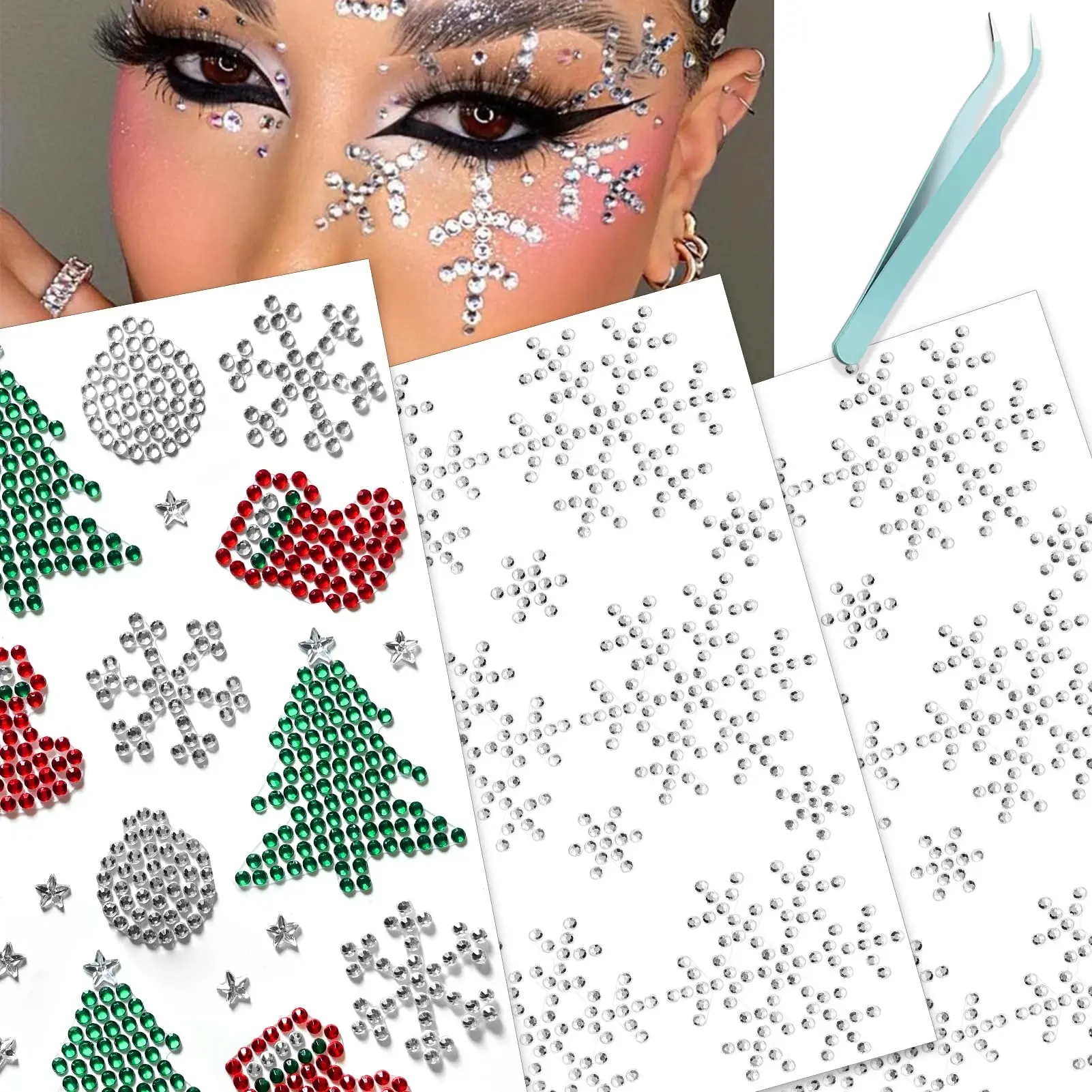 Self‑Adhesive Face Gems Stickers Bow Heart Rhinestone Face Stickers with Tweezers for Halloween Christmas Party Festival Makeup
