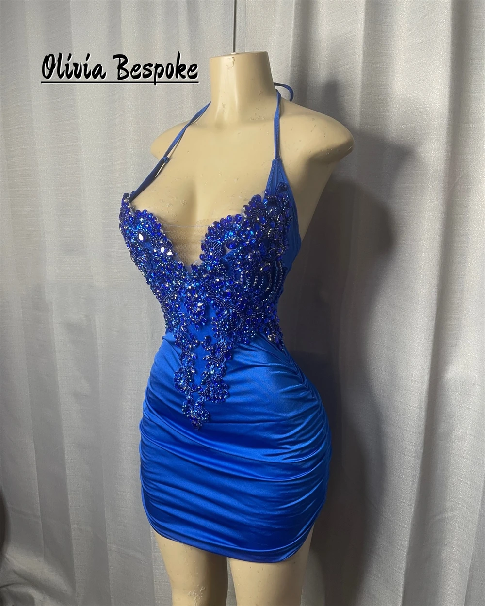 King Blue Halter Mini Cocktail Prom Dresses Luxury 2025 Beaded Rhinestones Homecoming Dress Black Girls Birthday Customized