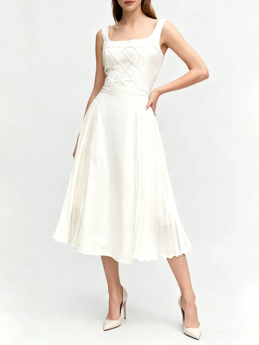 TWOTWINSTYLE Solid Spliced Shirring Fashion Dresses for Women Square Neck Sleeveless High Waist Casual Dress Female Clothing New