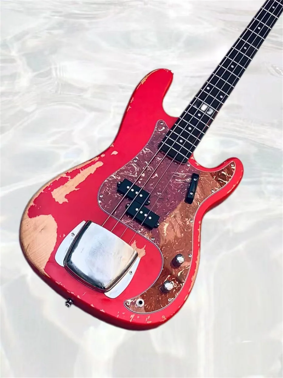 Custom Electric Bass Guitar, 4 String, Aged Relic Candy Apple JAZZ, Red,