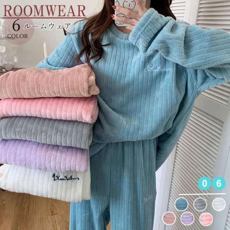 

2025 Autumn Winter Women Solid Pyjamas 2 Piece Sets Thicken Velvet Ribbed Fleece Set Pullover And Pants Female Pajamas Suit