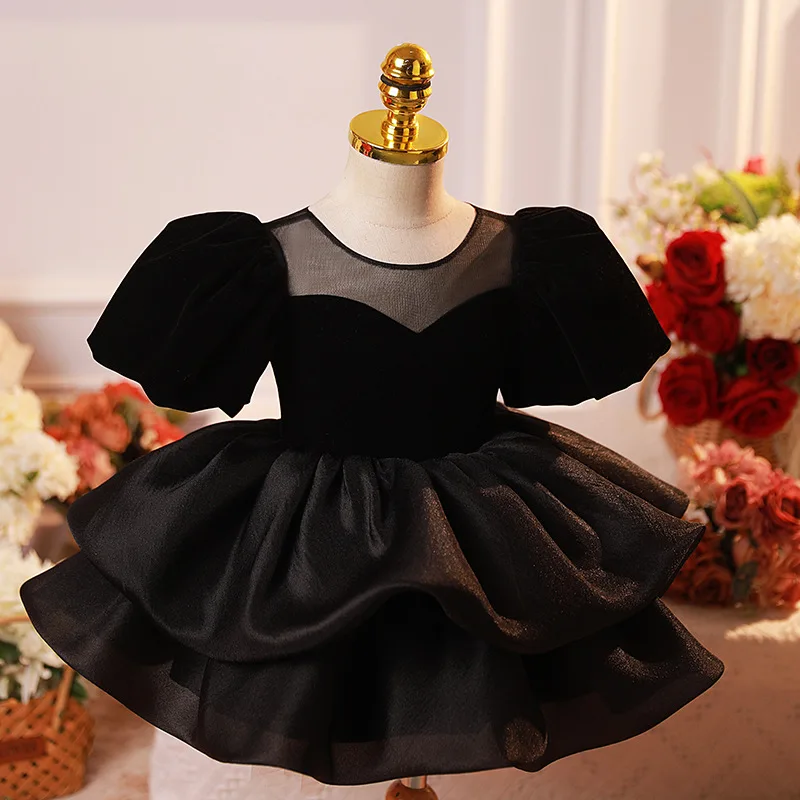 

Black Birthday Banquet Dress Black French Bubble Sleeves High end Girls Stylish Fashion Show Piano Performance Princess Dress