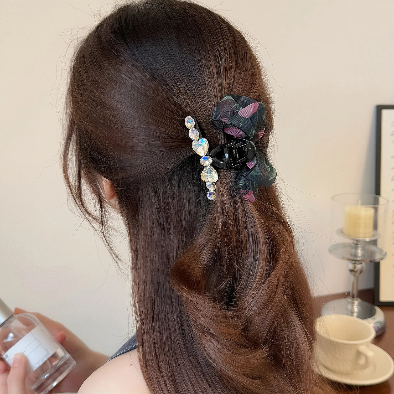 1PC Moonlight Rhinestone Hair Clip for Women Girls Net Gauze Bubble Satin Claw Princess Forehead Shark Side Hair Accessory - Image 2