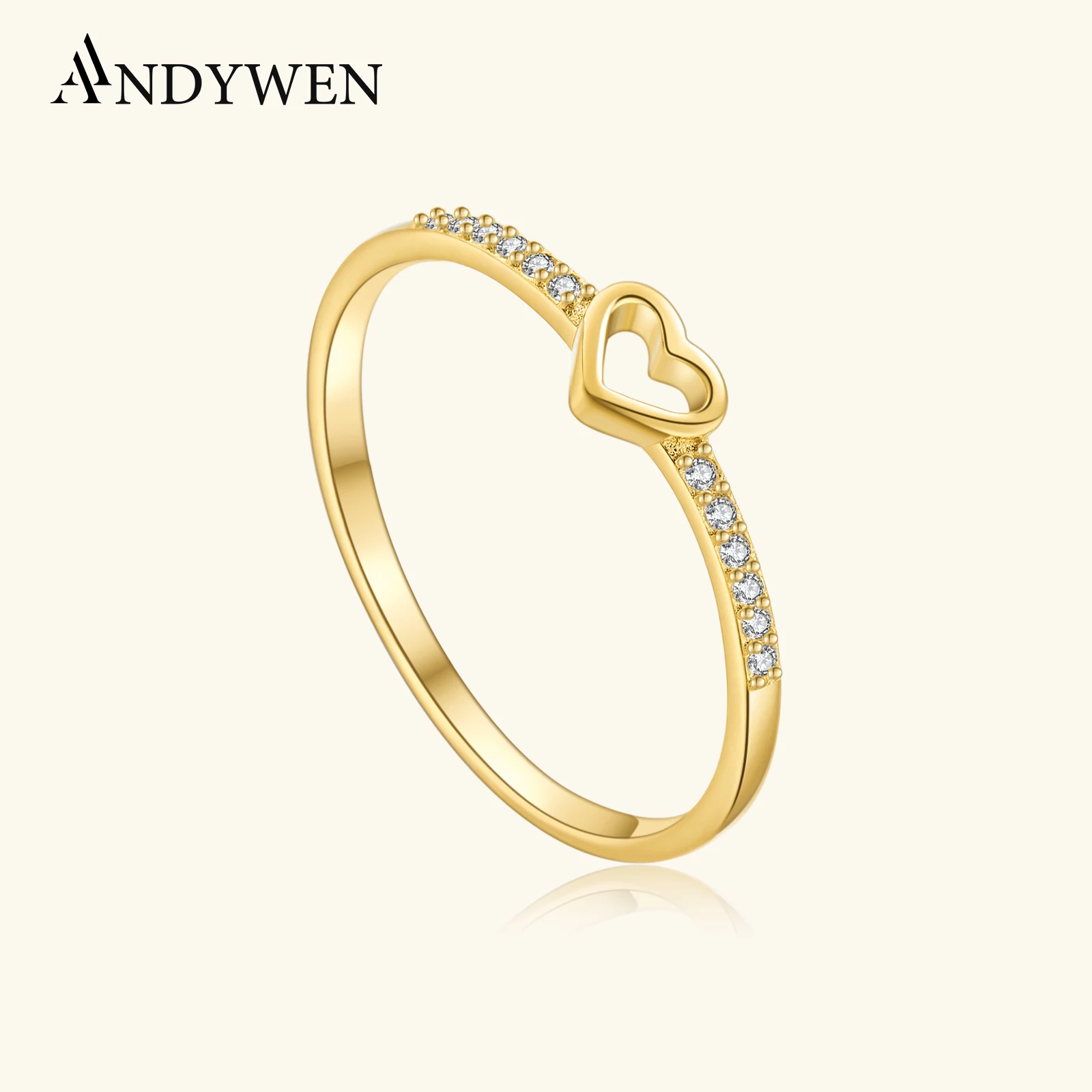 

ANDYWEN 925 Sterling Silver Minimalist Heart-Shaped Ring, Sparkling CZ Accents Wedding/Valentine's Jewelry for Daily Romance