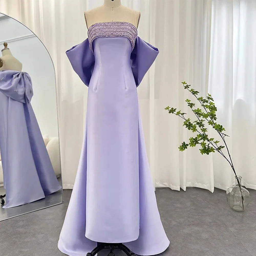 

Customized Exquisite Pleats Bow Pearls Beading Crystal Panel Train Evening Dresses Luxury Strapless Satin Purple Party Gowns