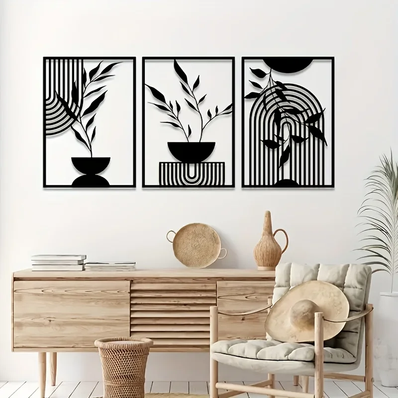CIFBUY Metal Wall Art Set 3PCS Black Iron Hanging Decor Abstract Geometric Wall Sculpture Boho Home Indoor Outdoor Decor