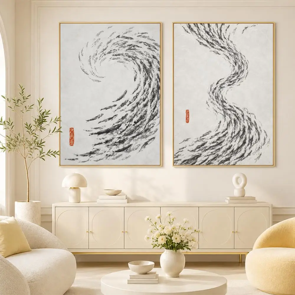 Chinese Ink Wash Koi Fish Poster Living Room Bedroom Wall Decor Poster Self-Adhesive Aesthetic Modern Vibe