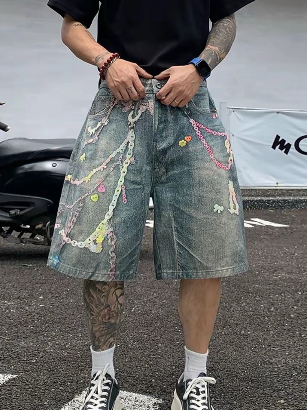 Shorts Jeans Unissex de Verão com Estampa 3D de Corrente de Doces, Calças Jeans Versáteis de Cintura Média para Homens, Mulheres, Estudantes e Casais