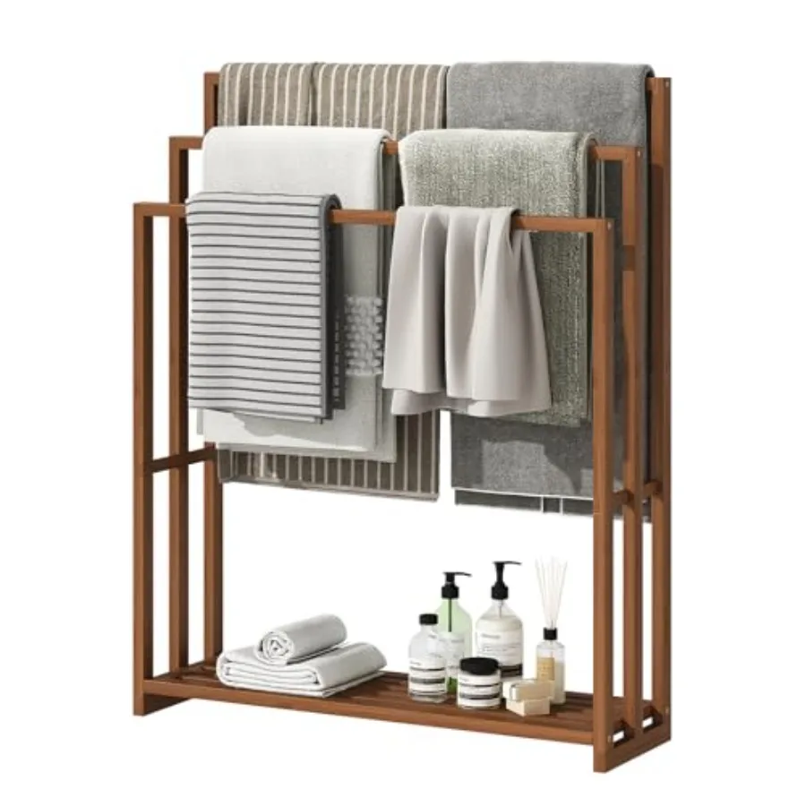 

Bathroom laundry towel rack, bamboo, walnut, 39.3'' tall freestanding 3-tier design with shelf for hand towels and blankets