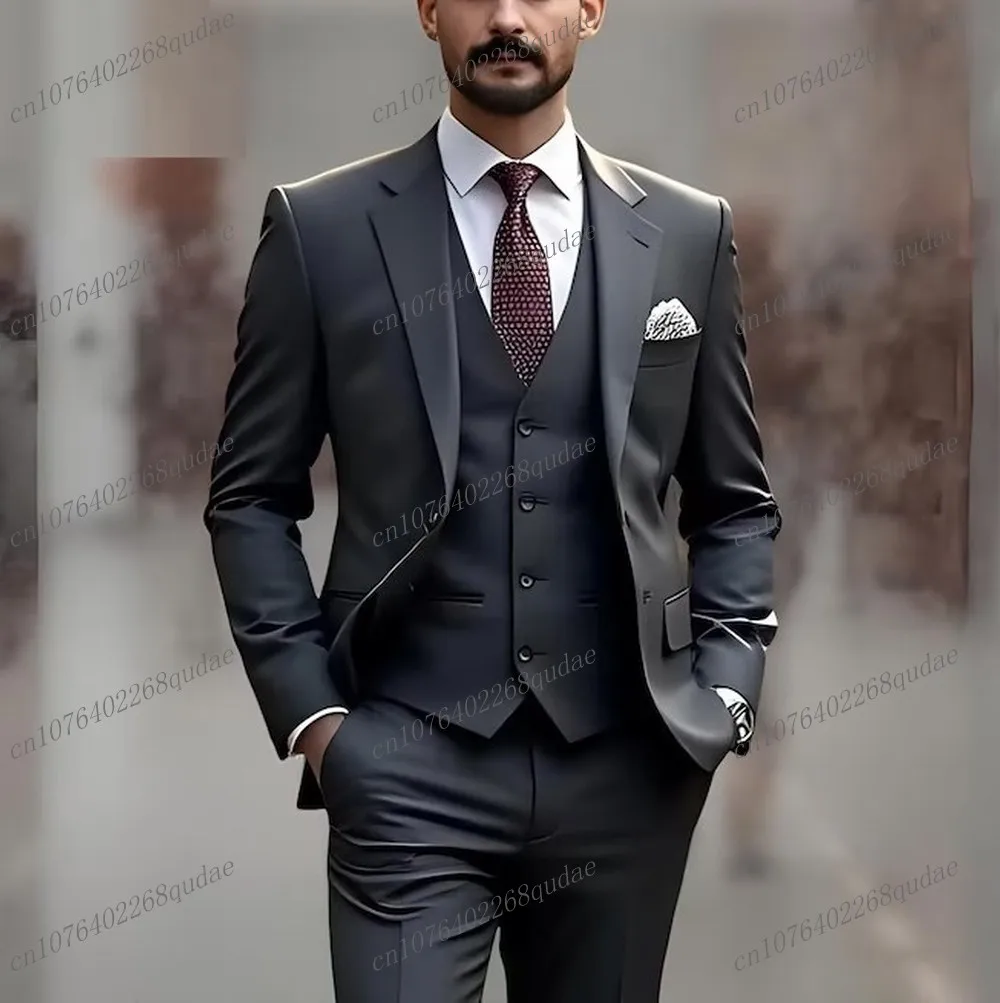 

New Dark Grey Formal Occasion Men Suit Wedding Party Groom Groomsman Male Business Tuxedos Costume 3 Piece Set Blazer Vest Pants