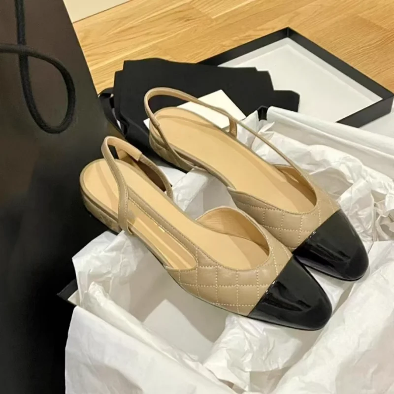 

New Fashion Women Shoes Round Open Heel Shoes Comfortable Casual Shoes Slip Outdoor Flat Shoes Color Block Plaid Shoe Flat Sanda