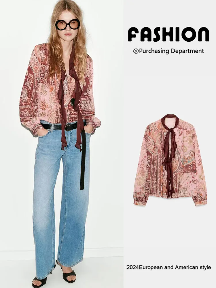 

Spring New Arrival Women's Casual Long Sve Printed irt Knot Design Versatile Faionable Ethnic Sle Clothing