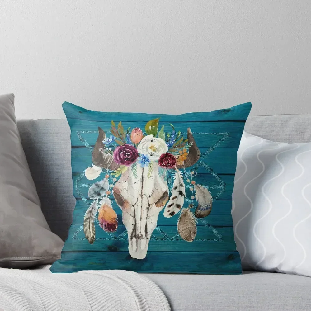 

Southwestern Rustic Boho Glam Longhorn Skull Feathers Throw Pillow Sofa Cushions Covers pillow