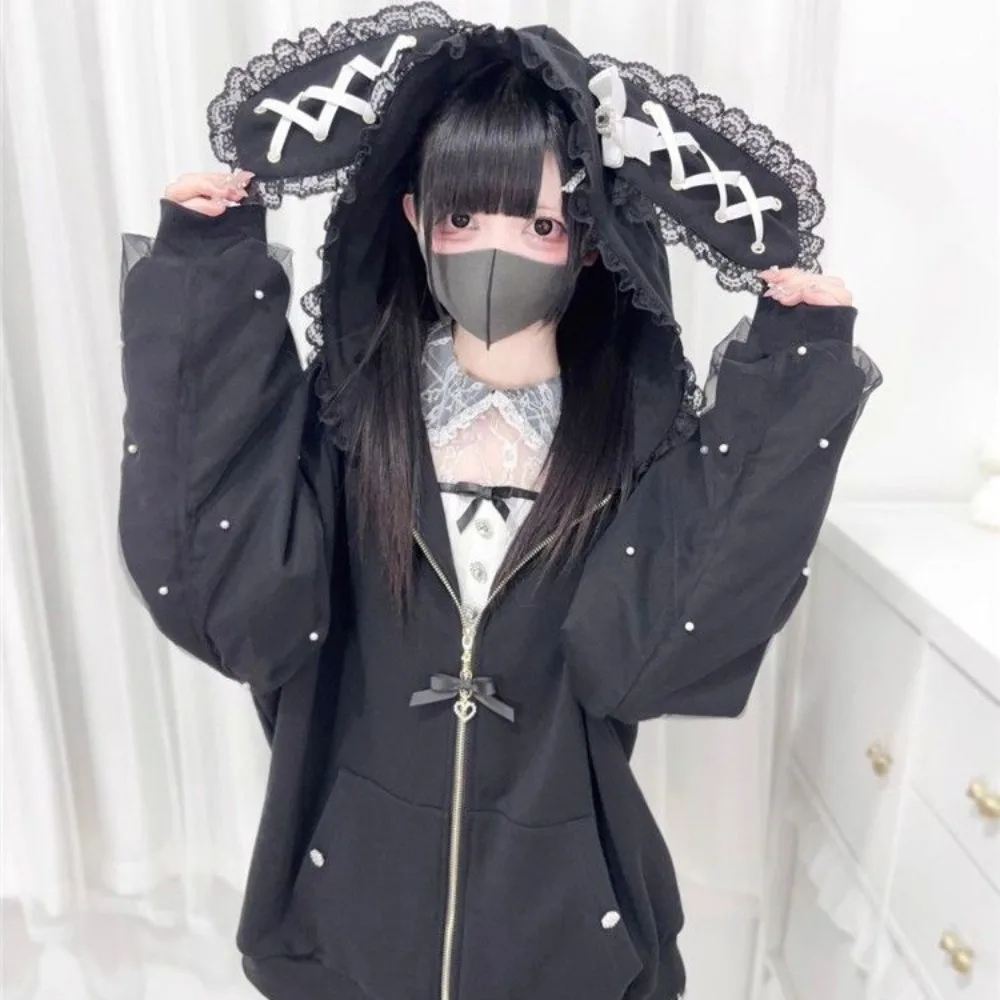 Long Sleeve Strapped Rabbit Ear Hoodie Thick Warm Lolita JK Cardigans Women Y2K Ladies Top Kawaii Rabbit Ear Hoodie Streetwear
