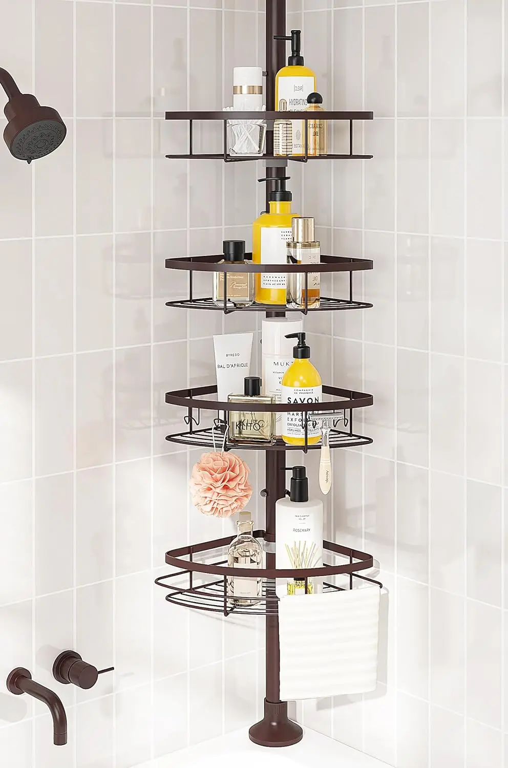 Bathroom rust-proof shower corner caddie rack, tension rod, 4 baskets, bathtub storage rack, 39.2 to 113 inches high, bronze