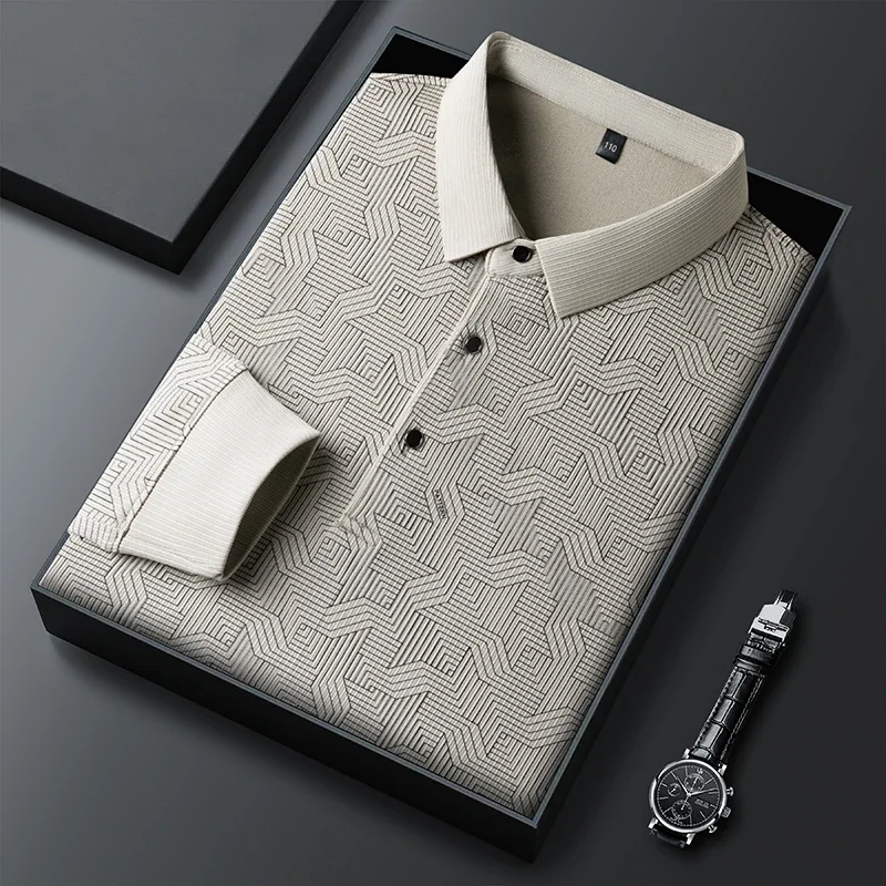 Neues Herren Business Casual Langarmhemd mit Abzeichen einfarbiges Polos hirt modisch atmungsaktiv bequem vielseitig Top