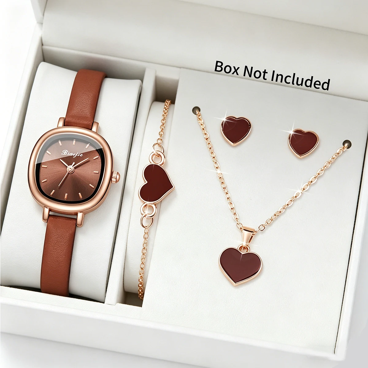 5PCS Fashion Women Watch Heart Jewelry Set Elegant Leather Strap Quartz Wristwatches with Fashion Accessories Gift (Without Box)